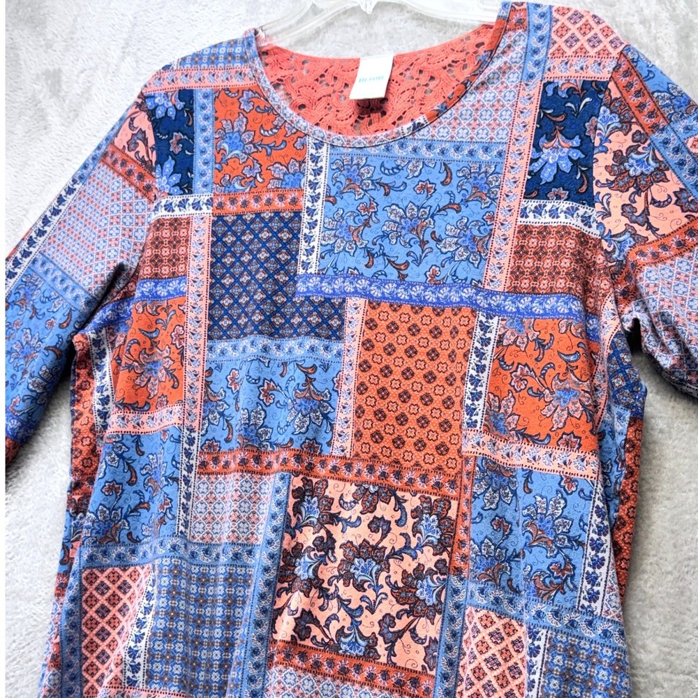 Blair Womens XL Blue Orange‎ Patchwork Floral Crochet Lace Back 3/4 Sleeve Top